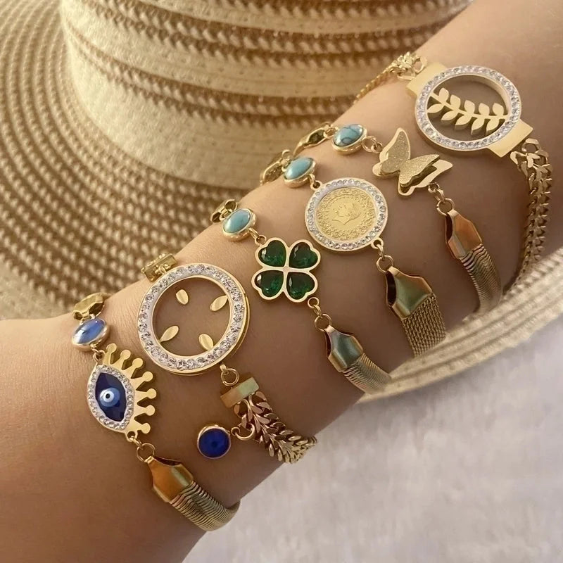 Retro Bohemian Eye Flower Stainless Steel 18K Gold Plated Artificial Gemstones Bracelets In Bulk