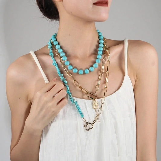 Elegant Exaggerated Lady Geometric Heart Shape Gold Plated Alloy Turquoise Three Layer Necklace