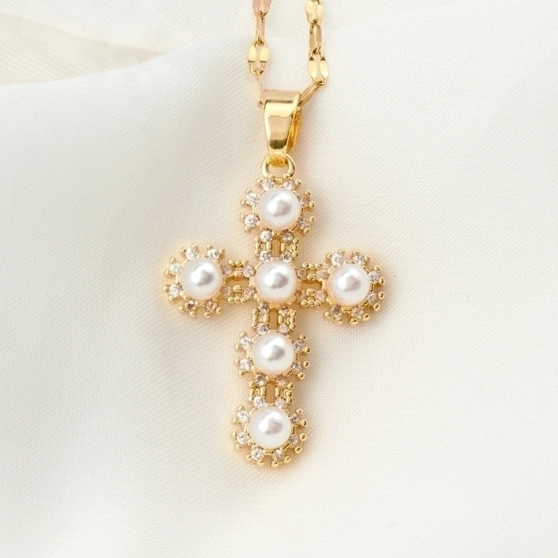 Stainless Steel 18K Gold Plated Vintage Style Plating Inlay Geometric Cross Rhinestones Pearl Zircon Pendant Necklace