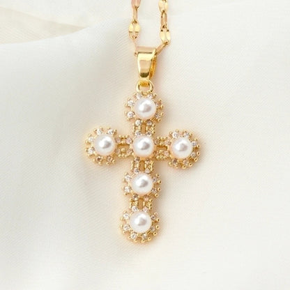 Stainless Steel 18K Gold Plated Vintage Style Plating Inlay Geometric Cross Rhinestones Pearl Zircon Pendant Necklace
