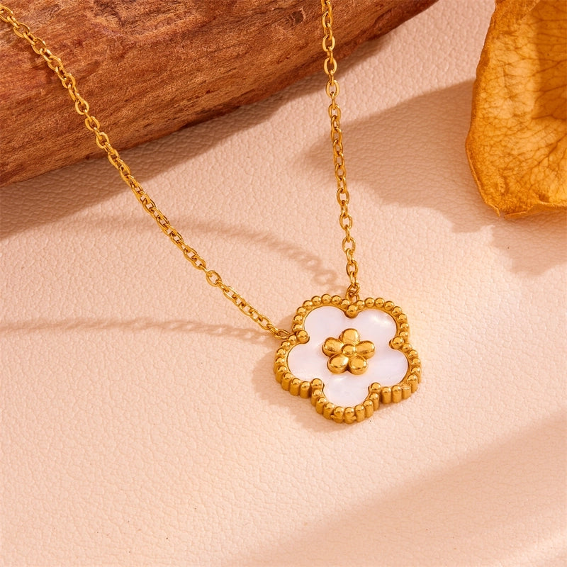 Sweet Minimalist Flower Titanium Steel Artificial Gemstones Turquoise Shell Inlay Jewelry Set