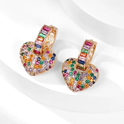 1 Pair Glam Shiny Heart Shape Copper Zircon K Gold Plated Drop Earrings