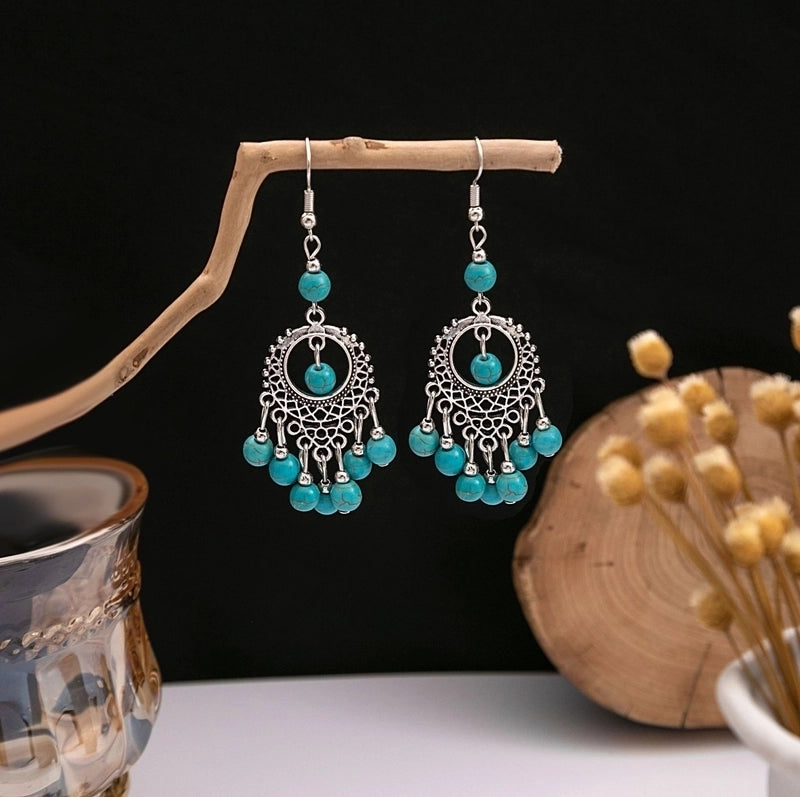 Bohemian Blue Turquoise National Style Earrings Imitation Miao Silver Metal Earrings Vintage Tassel Earrings