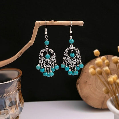 Bohemian Blue Turquoise National Style Earrings Imitation Miao Silver Metal Earrings Vintage Tassel Earrings