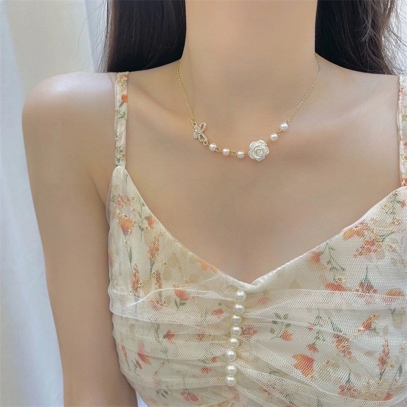 Lady Sweet Heart Shape Flower Fish Tail Imitation Pearl Alloy Inlay Rhinestones Women\'s Necklace