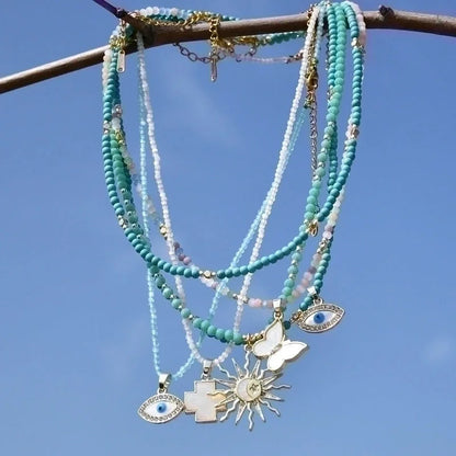 2 Pieces Elegant Lady Devil\'S Eye Butterfly 304 Stainless Steel Artificial Crystal Turquoise Gold Plated Pendant Necklace In Bulk