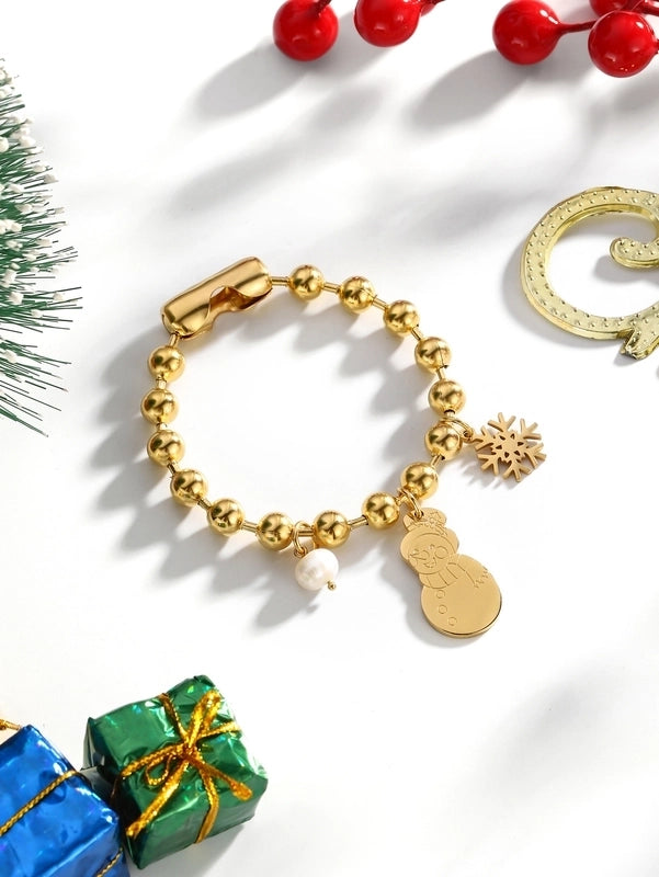 Casual Elegant Lady Santa Claus 304 Stainless Steel Freshwater Pearl 24K Gold Plated Freshwater Pearl Beaded Chain Bracelets In Bulk Christmas