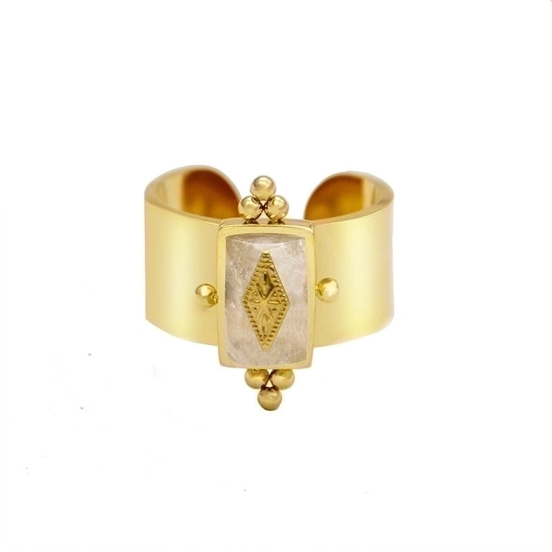 Fashion Round Square 304 Stainless Steel Artificial Gemstones 14K Gold Plated Plating Inlay Open Ring
