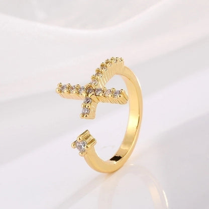Classic Style Geometric Copper Plating Inlay Zircon 18k Gold Plated Open Ring