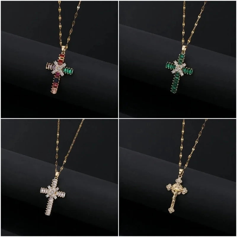 Copper Inlay Cross Zircon Pendant Necklace