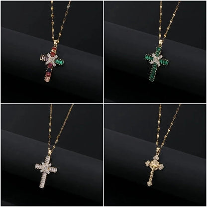 Copper Inlay Cross Zircon Pendant Necklace