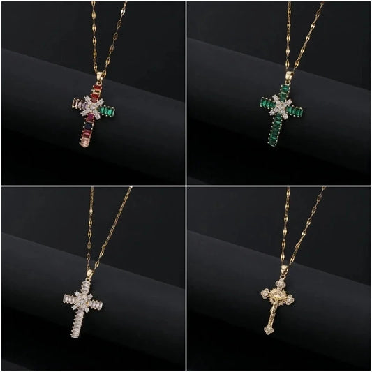 Copper Inlay Cross Zircon Pendant Necklace
