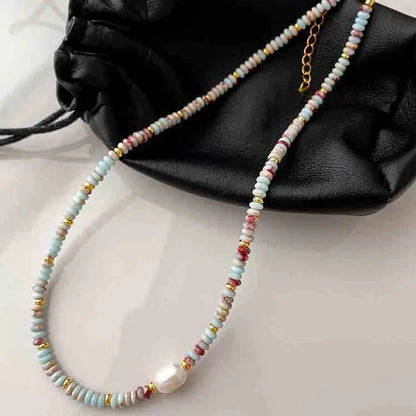 Natural Stone Freshwater Pearl Minimalist Beaded Geometric Necklace