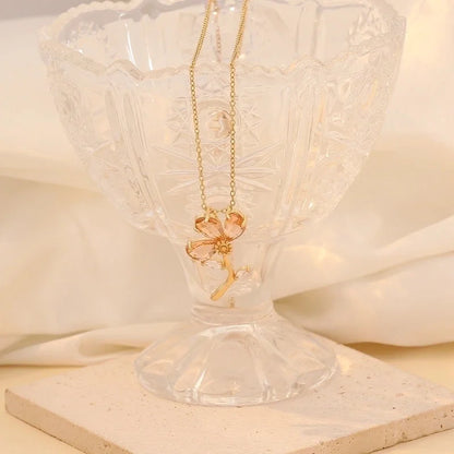 Minimalist Commute Flower 304 Stainless Steel Glass 18K Gold Plated Inlay Pendant Necklace
