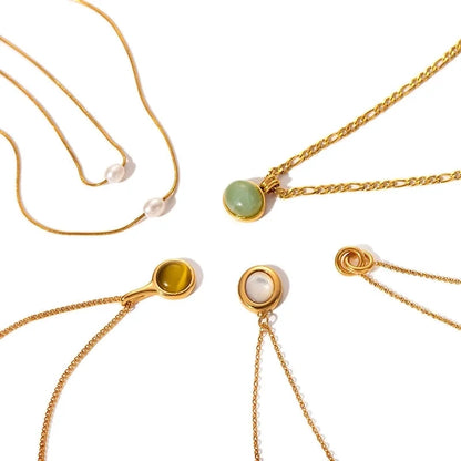 Retro Geometric Round Titanium Steel Agate Tiger Eye Plating Pendant Necklace