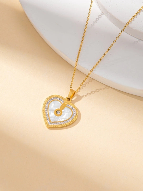 IG Style Minimalist Heart Shape Titanium Steel Shell Zircon Inlay Earrings Necklace