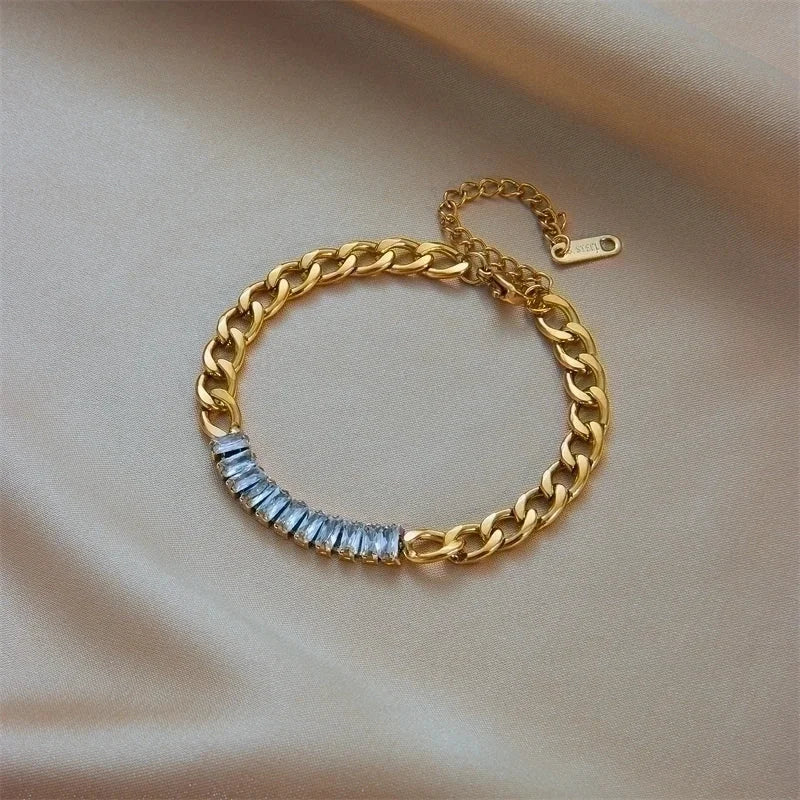 Fashion Rectangle 304 Stainless Steel 18K Gold Plated Zircon Stainless Steel Bracelets In Bulk