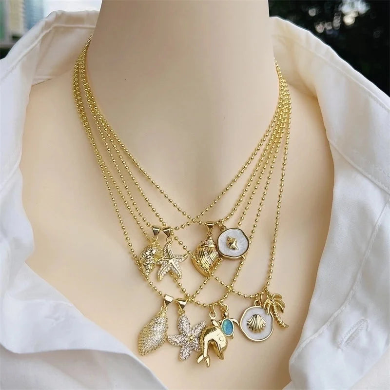 Copper Ball Chain 18K Gold Plated Inlay Scallop Conch Zircon Pendant Necklace