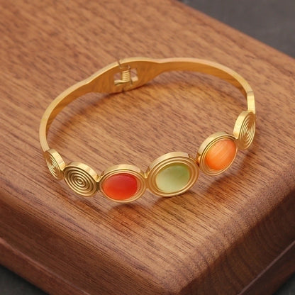 Basic Retro Modern Style Geometric Stainless Steel 18K Gold Plated Opal Bangle In Bulk