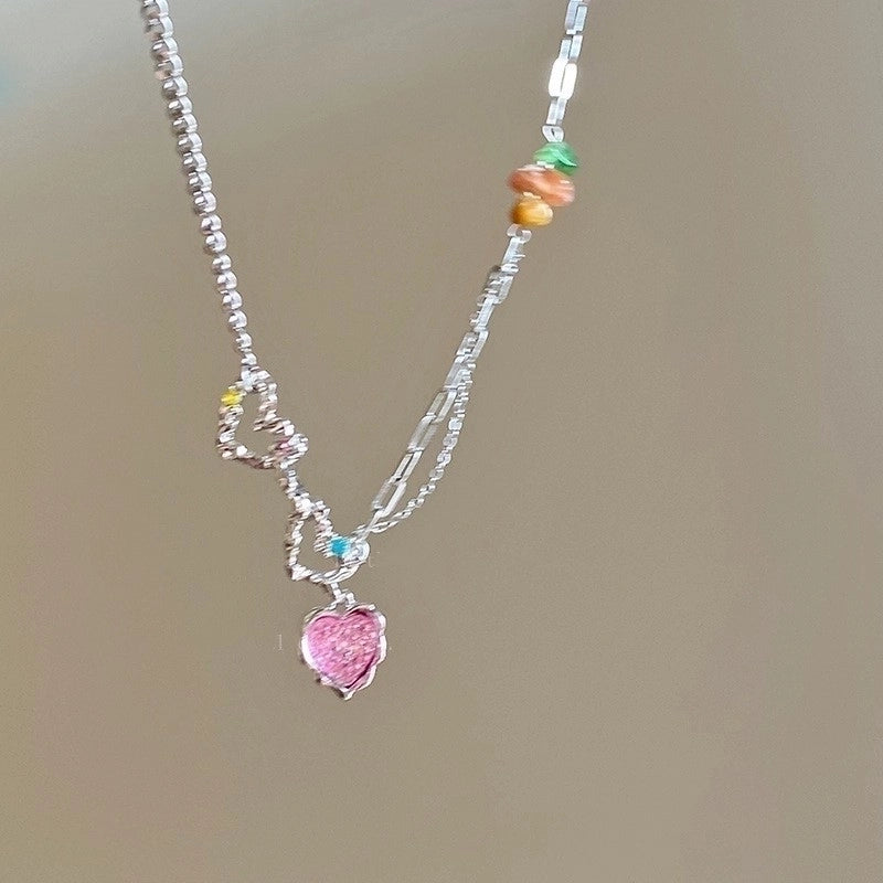 Lady Sweet Heart Shape Flower Fish Tail Imitation Pearl Alloy Inlay Rhinestones Women\'s Necklace