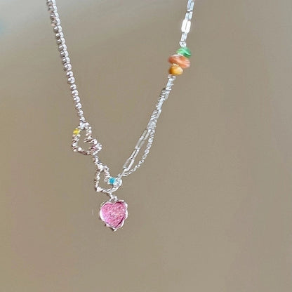 Lady Sweet Heart Shape Flower Fish Tail Imitation Pearl Alloy Inlay Rhinestones Women\'s Necklace