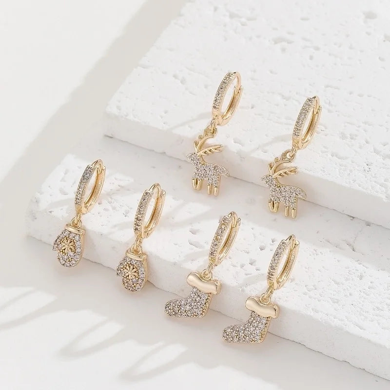 3 Pairs Christmas Cute Gloves Sock Elk Plating Inlay Copper Zircon Drop Earrings