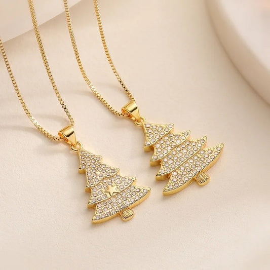 Retro Minimalist Commute Christmas Tree Copper Zircon Inlay Pendant Necklace