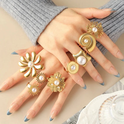 Elegant Luxurious Baroque Style Pentagram Sun Flower 304 Stainless Steel Pearl 14K Gold Plated Open Rings