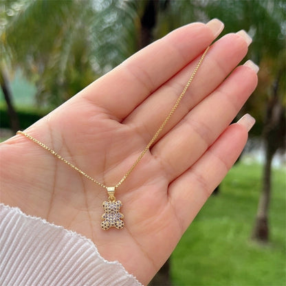 A Copper Plating 18K Gold Full Diamond Zircon Cute Childlike Style Multi Colors Bear Chain Necklace Suitable For Daily Wear Of All Ages Suitable For Gifts Original New Arrivals