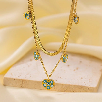 Minimalist Geometric Heart Shape Titanium Steel Shell Zircon 18K Gold Plated Inlay Layered Necklaces Necklace