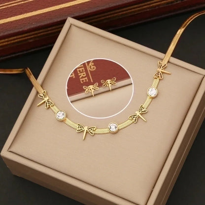 Stainless Steel 18K Gold Plated Fashion Inlay Animal Star Heart Shape Zircon Earrings Necklace