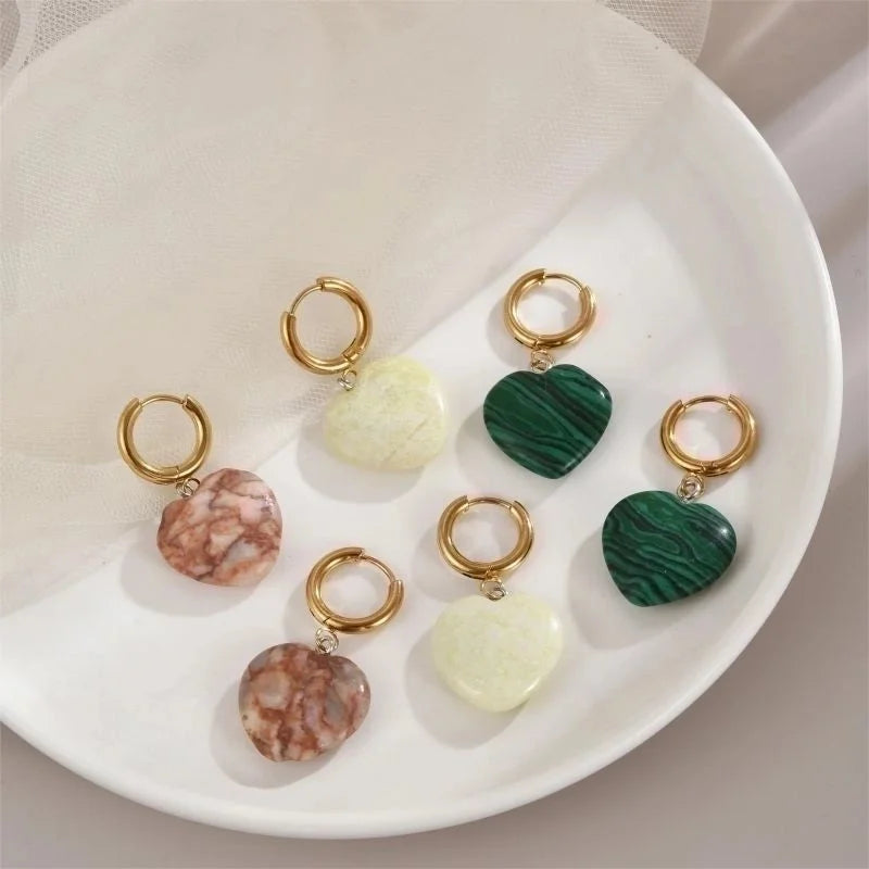 1 Pair Minimalist Heart Shape Plating Stainless Steel Natural Stone Copper 18K Gold Plated Drop Earrings