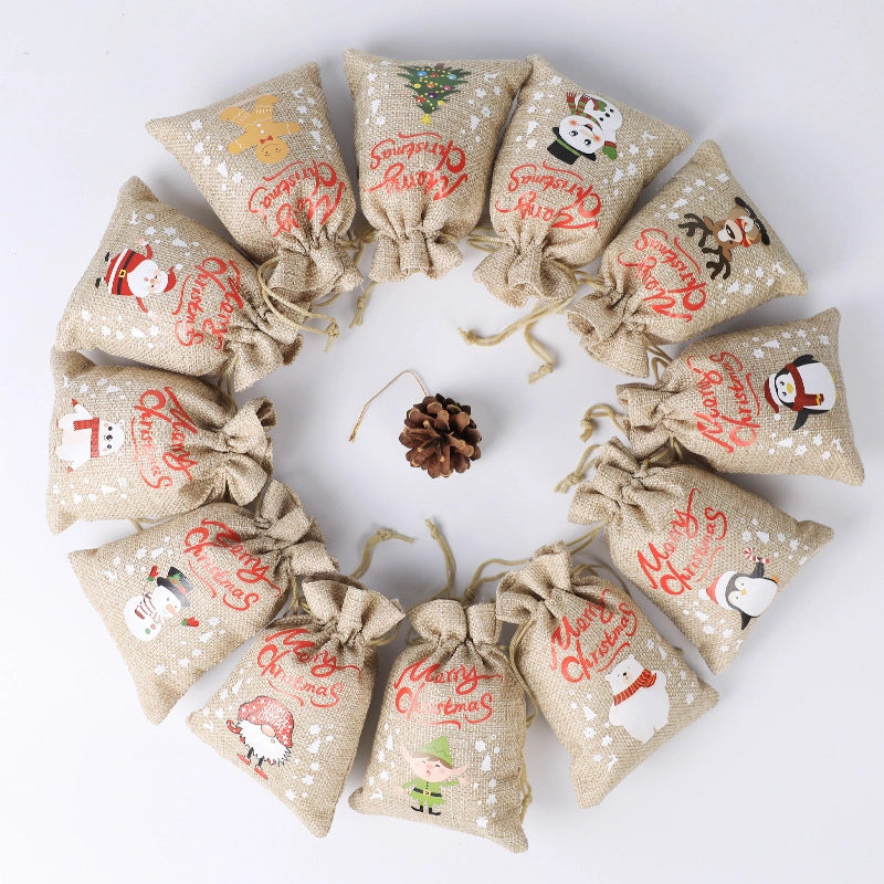 Christmas Bag Linen Drawstring Colorful Cartoon Gift Bag Amazon Christmas Suit 24 Candy Gift Bags