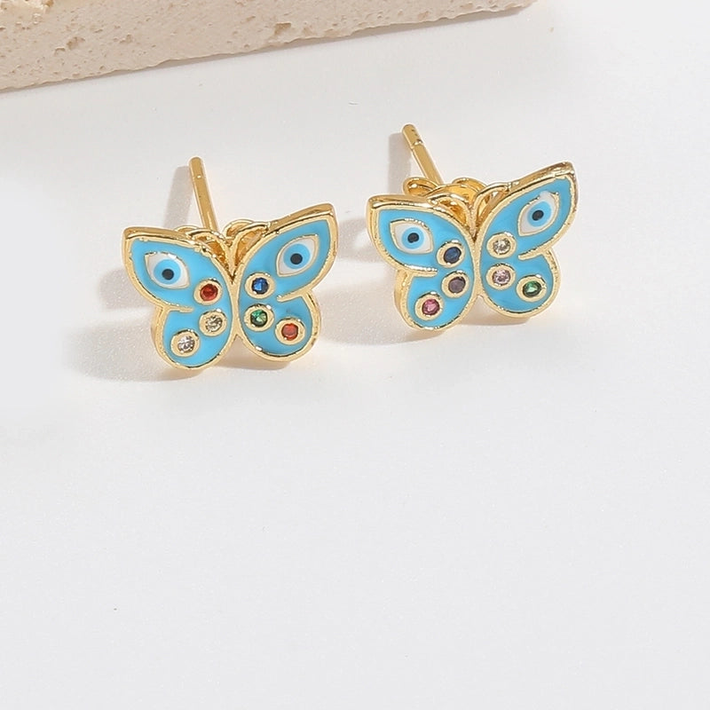 1 Pair Elegant Minimalist Commute Eye Butterfly Enamel Inlay Copper Zircon 14K Gold Plated Ear Studs