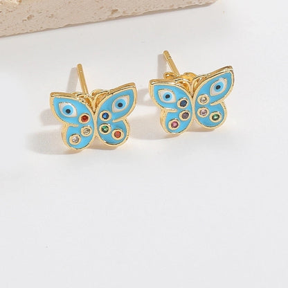 1 Pair Elegant Minimalist Commute Eye Butterfly Enamel Inlay Copper Zircon 14K Gold Plated Ear Studs