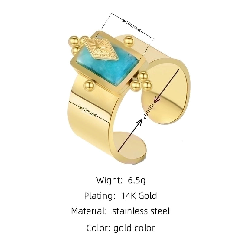 Fashion Round Square 304 Stainless Steel Artificial Gemstones 14K Gold Plated Plating Inlay Open Ring