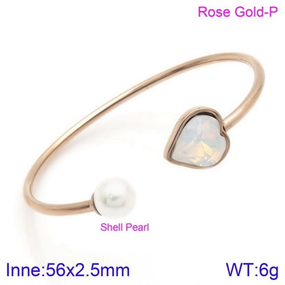 Modern Style Minimalist Heart Shape Stainless Steel Titanium Steel 18K Gold Plated Glass Stone Pearl Bangle In Bulk