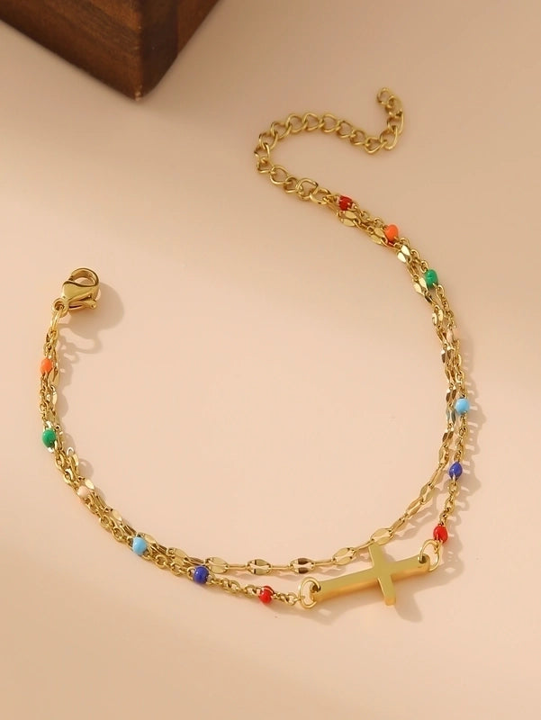 Casual IG Style Cross Heart Shape 304 Stainless Steel 18K Gold Plated Resin Stainless Steel Bracelets In Bulk