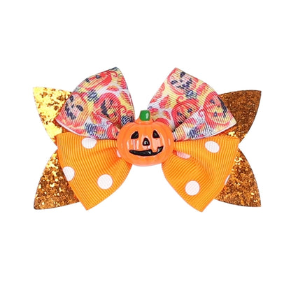Funny Kid'S Halloween Pattern Pumpkin Bat Ribbon Sequins Bowknot Hair Clip