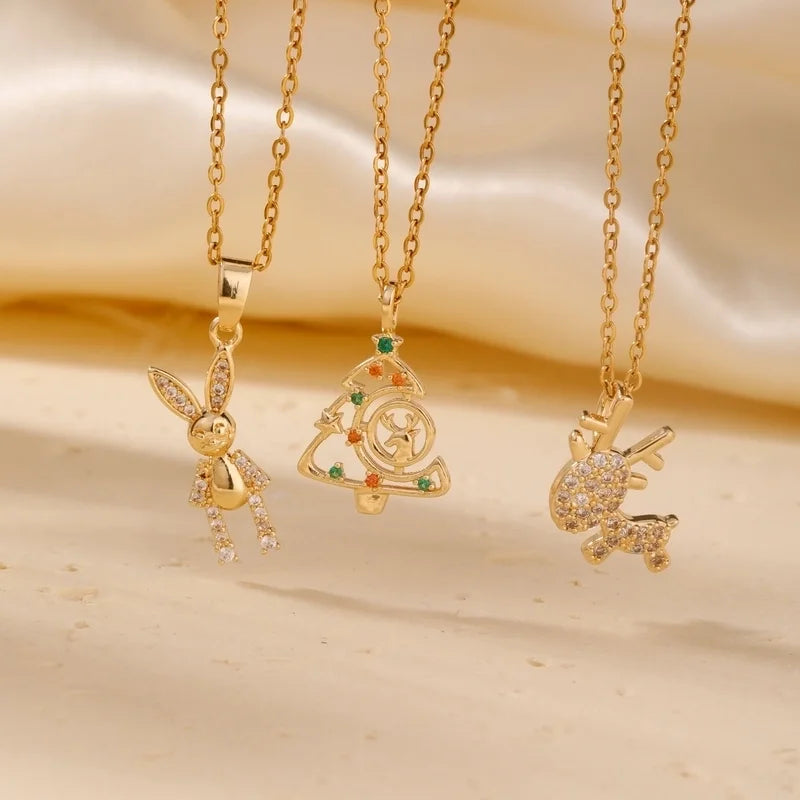 304 Stainless Steel Copper Cable Chain K Gold Plated Inlay Rabbit Christmas Tree Elk Zircon Pendant Necklace