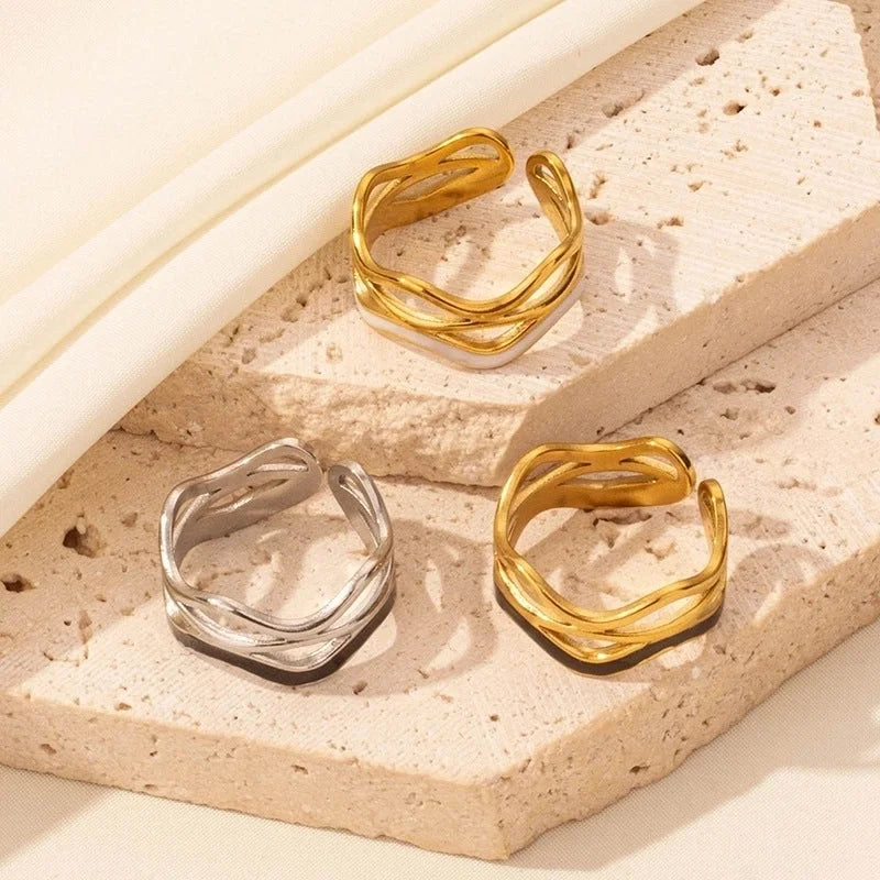IG Style French Style Geometric 304 Stainless Steel 18K Gold Plated Polishing Enamel Open Rings