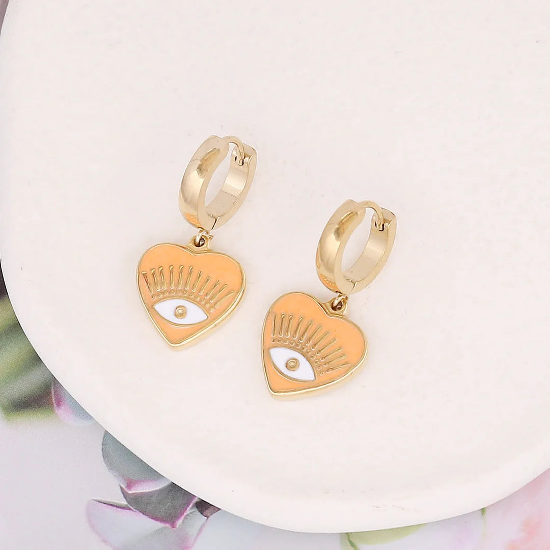 Women Eye Bohemian Heart Stainless Steel Oil Dripping Earrings