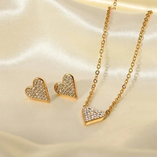 304 Stainless Steel 18K Gold Plated Sweet Minimalist Plating Inlay Heart Shape Zircon Earrings Necklace