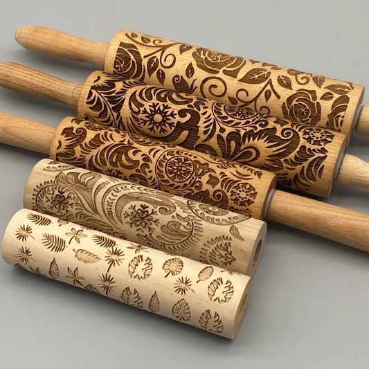 Christmas Retro Leaves Rose Snowflake Wood Rolling Pin 1 Piece