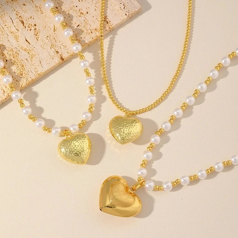 Sweet Classic Style Heart Shape Imitation Pearl Copper 18K Gold Plated Beaded Pendant Necklace