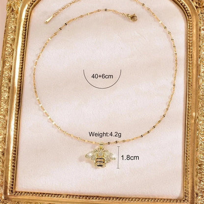 Copper Coffee Bean Chain 18K Gold Plated Inlay Bee Zircon Pendant Necklace