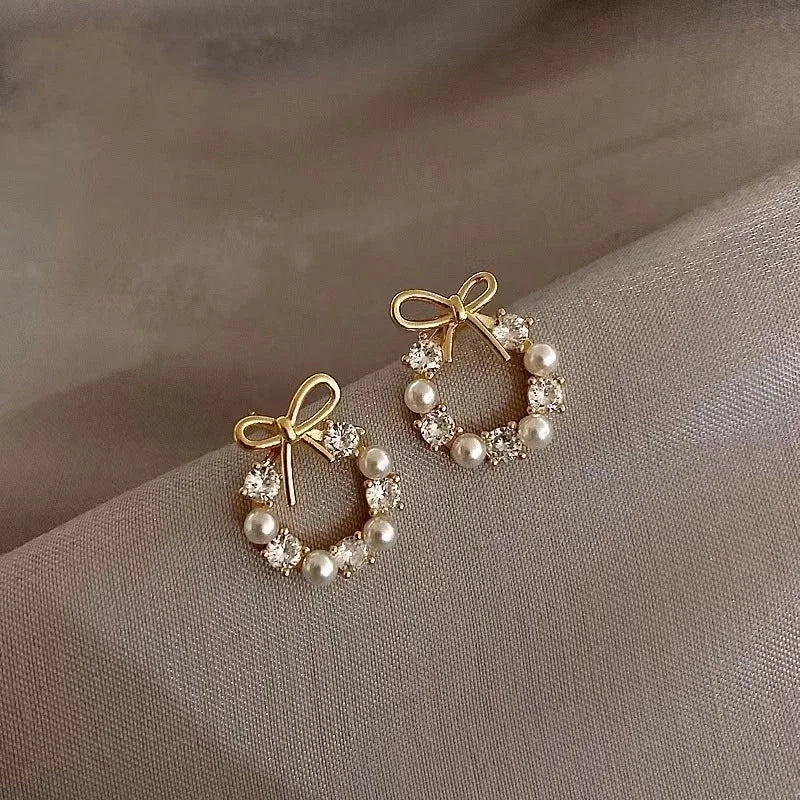 1 Pair Minimalist Round Inlay Alloy Pearl Zircon Drop Earrings