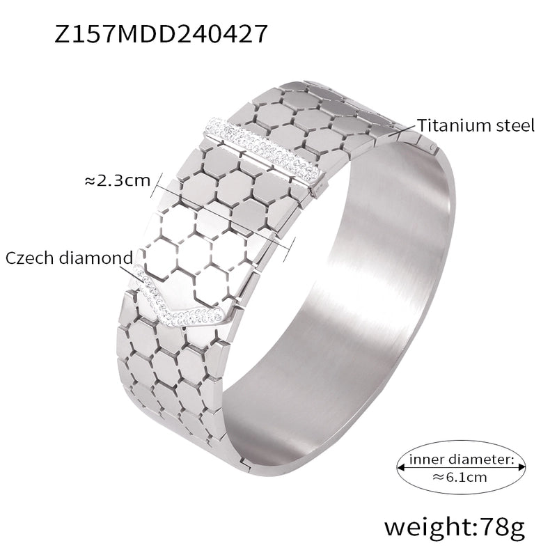 Casual Minimalist Hexagon Round Titanium Steel 18K Gold Plated Rhinestones Bangle In Bulk