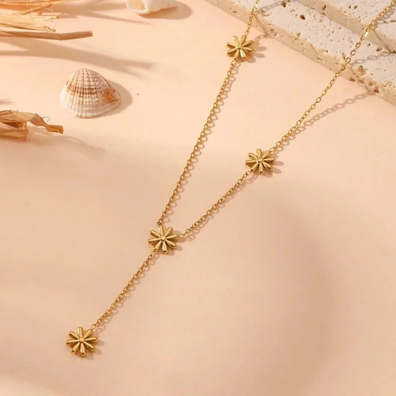 Sweet Minimalist Flower Titanium Steel 18K Gold Plated Bracelets Necklace Jewelry Set