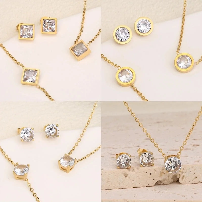 3 Pieces Minimalist IG Style Geometric 304 Stainless Steel Zircon Inlay Stainless Steel Jewelry Sets